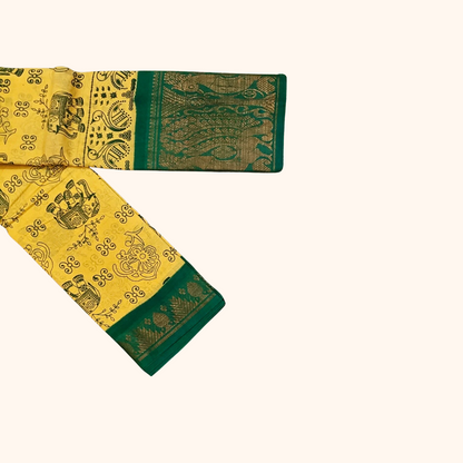 Mustard Yellow Sungudi Cotton Saree with Peacock Green Border