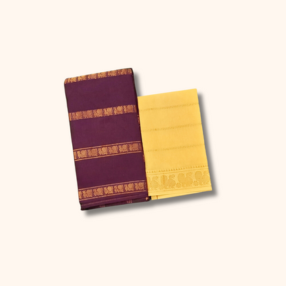 Wine Purple Cotton Saree with Gold Zari Border & Separate Blouse