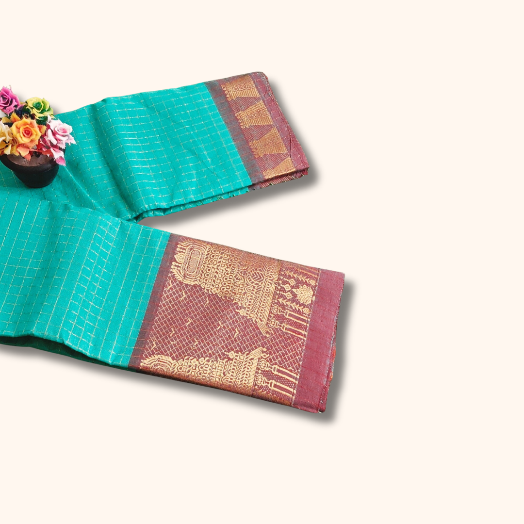 Chettinad Cotton Saree with Meenakshi Gopuram Border – Peacock Green Checks