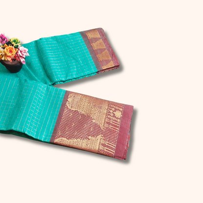 Chettinad Cotton Saree with Meenakshi Gopuram Border – Peacock Green Checks