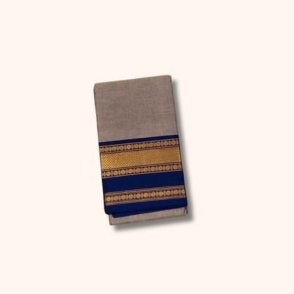 Grey Chettinad Cotton Saree with Blue & Teal Zari Border