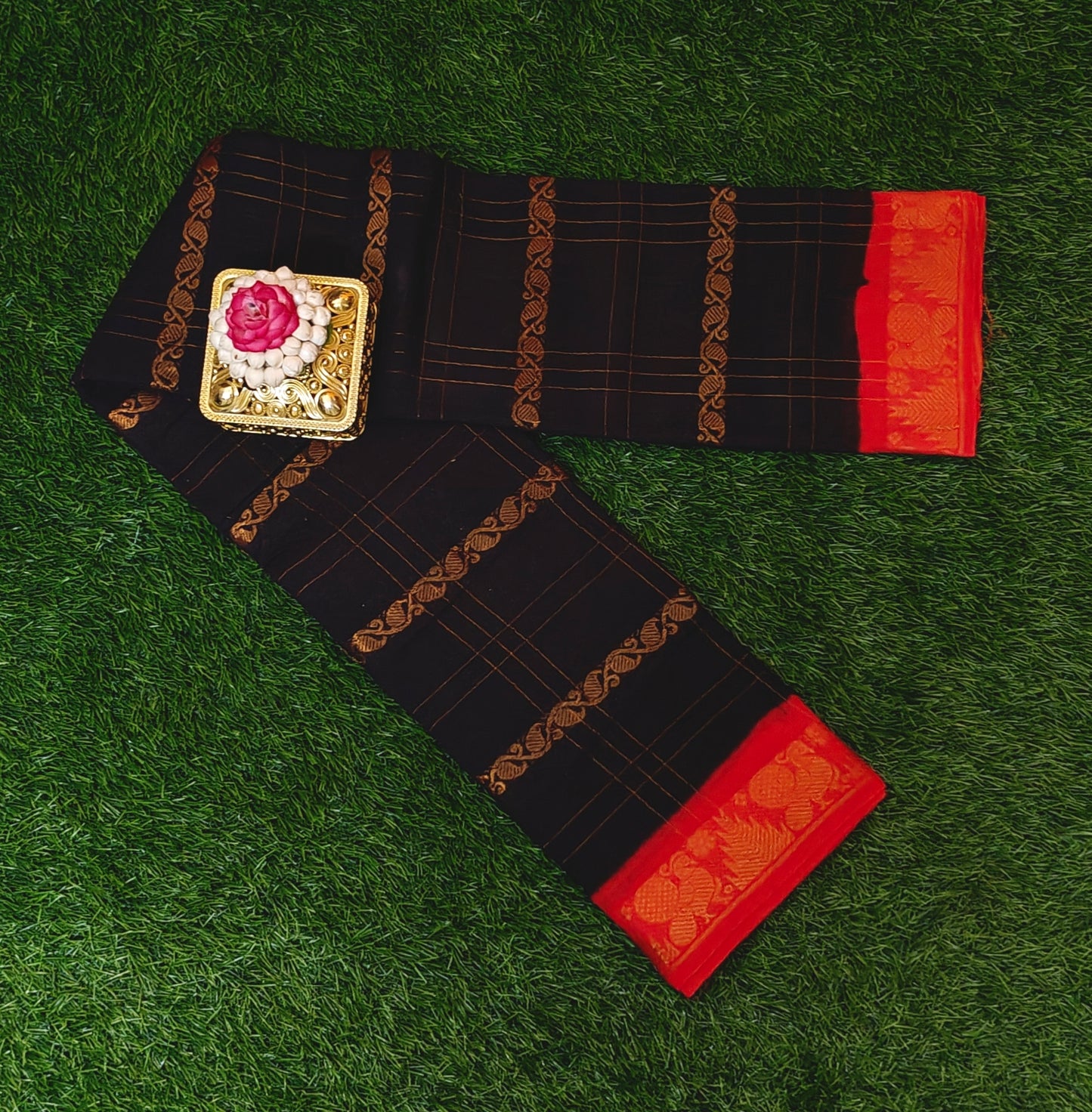 Black & Red Traditional Check Motif Cotton Saree