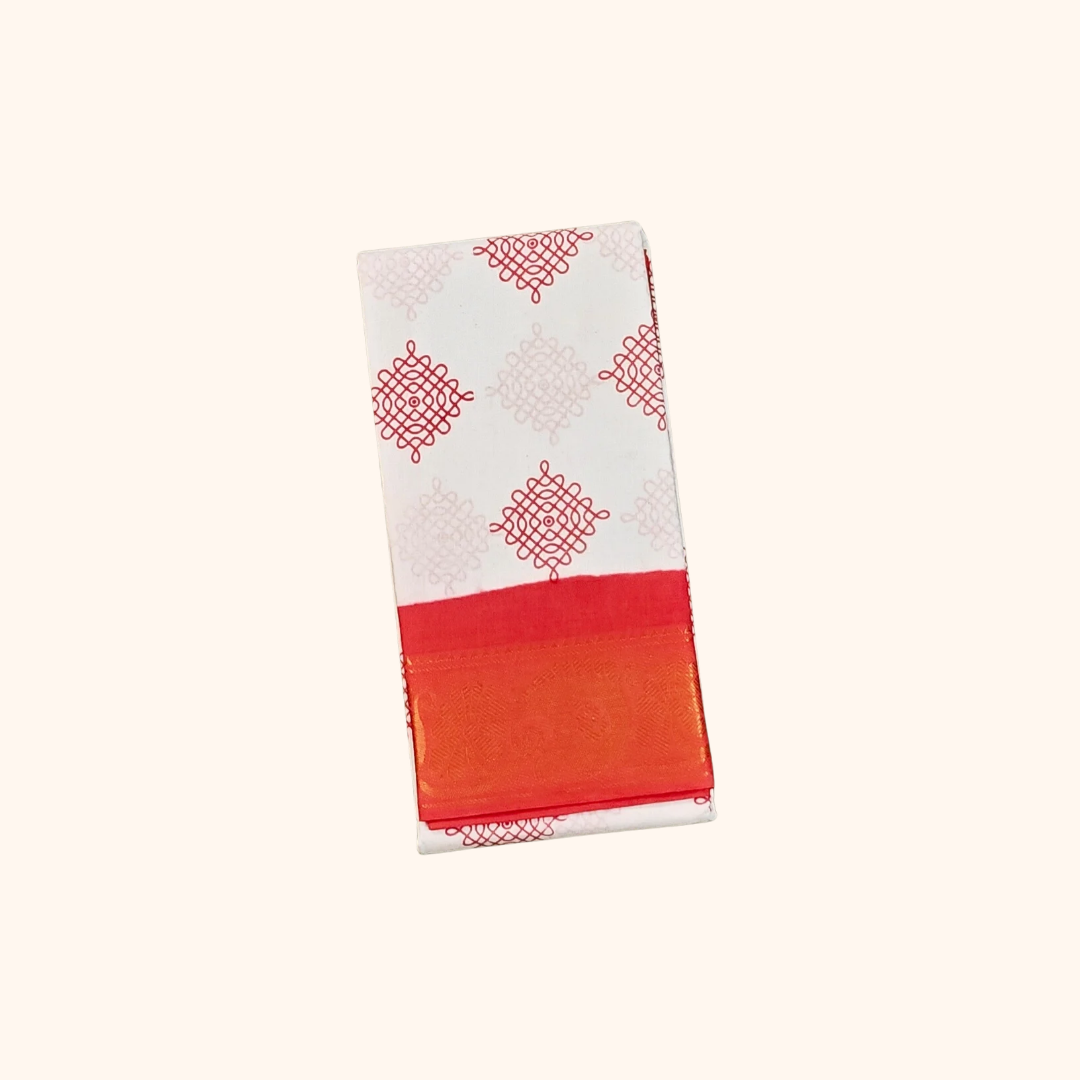 White Kolam Cotton Saree with Red Rich Zari Border