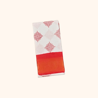 White Kolam Cotton Saree with Red Rich Zari Border