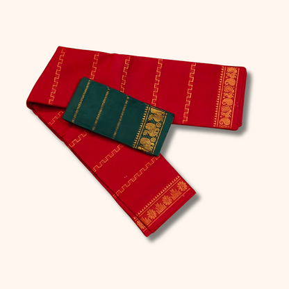 Red Sungudi Cotton Saree with Gold Zari Border & Peacock Green Separate Blouse