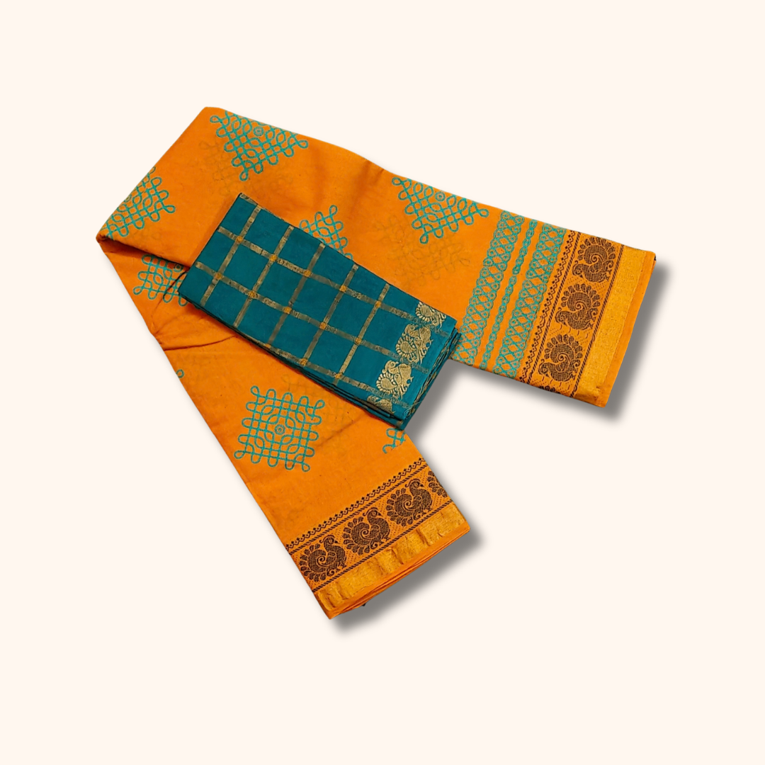Mustard Yellow Kolam Design Cotton Saree with Teal Blue Blouse Piece