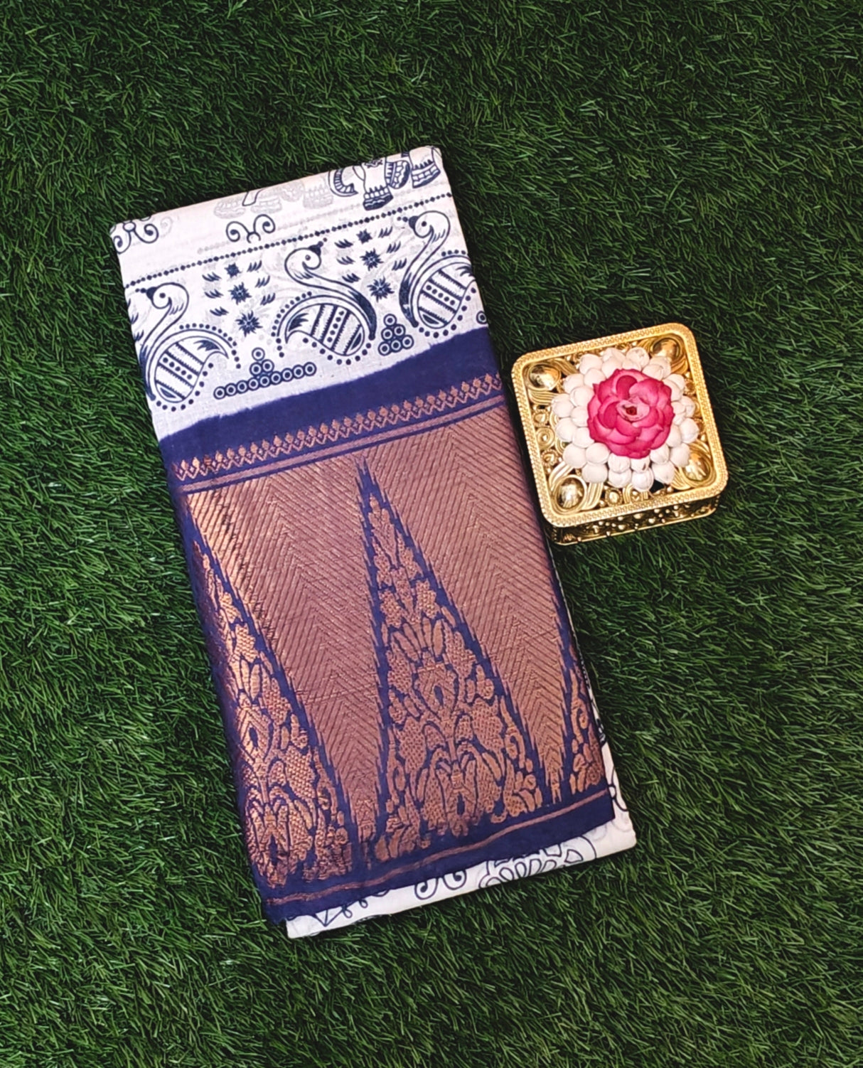 Beautiful Blue Motif Printed Cotton Saree with Contrast Border