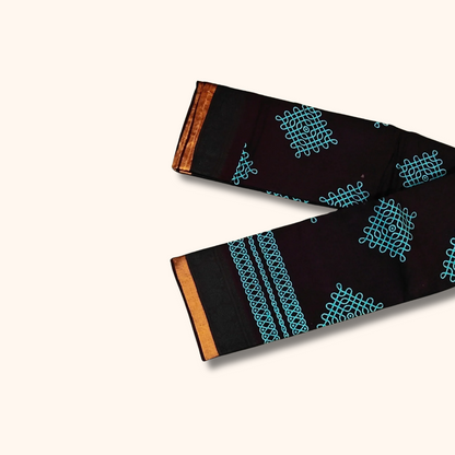 Coffee Brown Sungudi Cotton Saree with Blue Kolam Motifs – Without Blouse