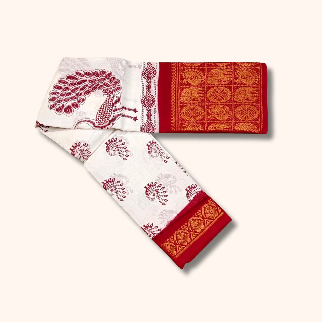 White Peacock Printed Sungudi Cotton Saree with Elephant Border