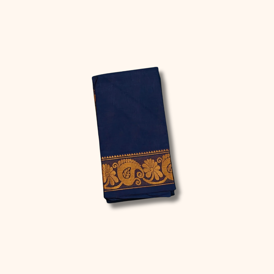 Navy Blue Pure Cotton Saree with Floral Zari Border – Running Blouse