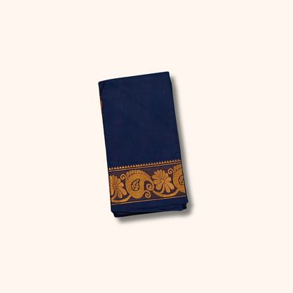 Navy Blue Pure Cotton Saree with Floral Zari Border – Running Blouse