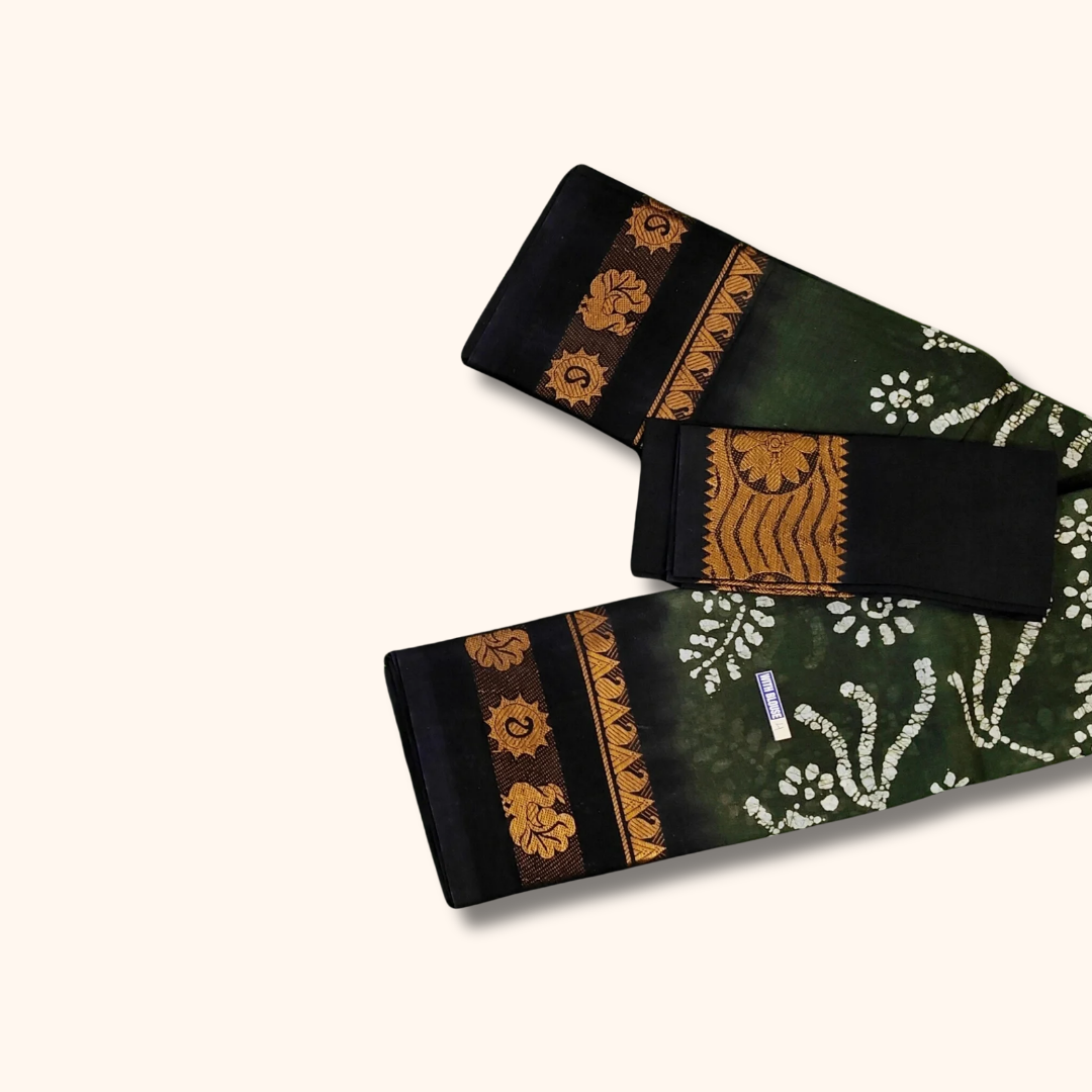 Black & Dark Green Printed Saree with White Floral Motifs - Separate Blouse