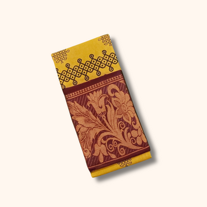 Mustard Yellow Kolam Cotton Saree with Maroon Floral Border