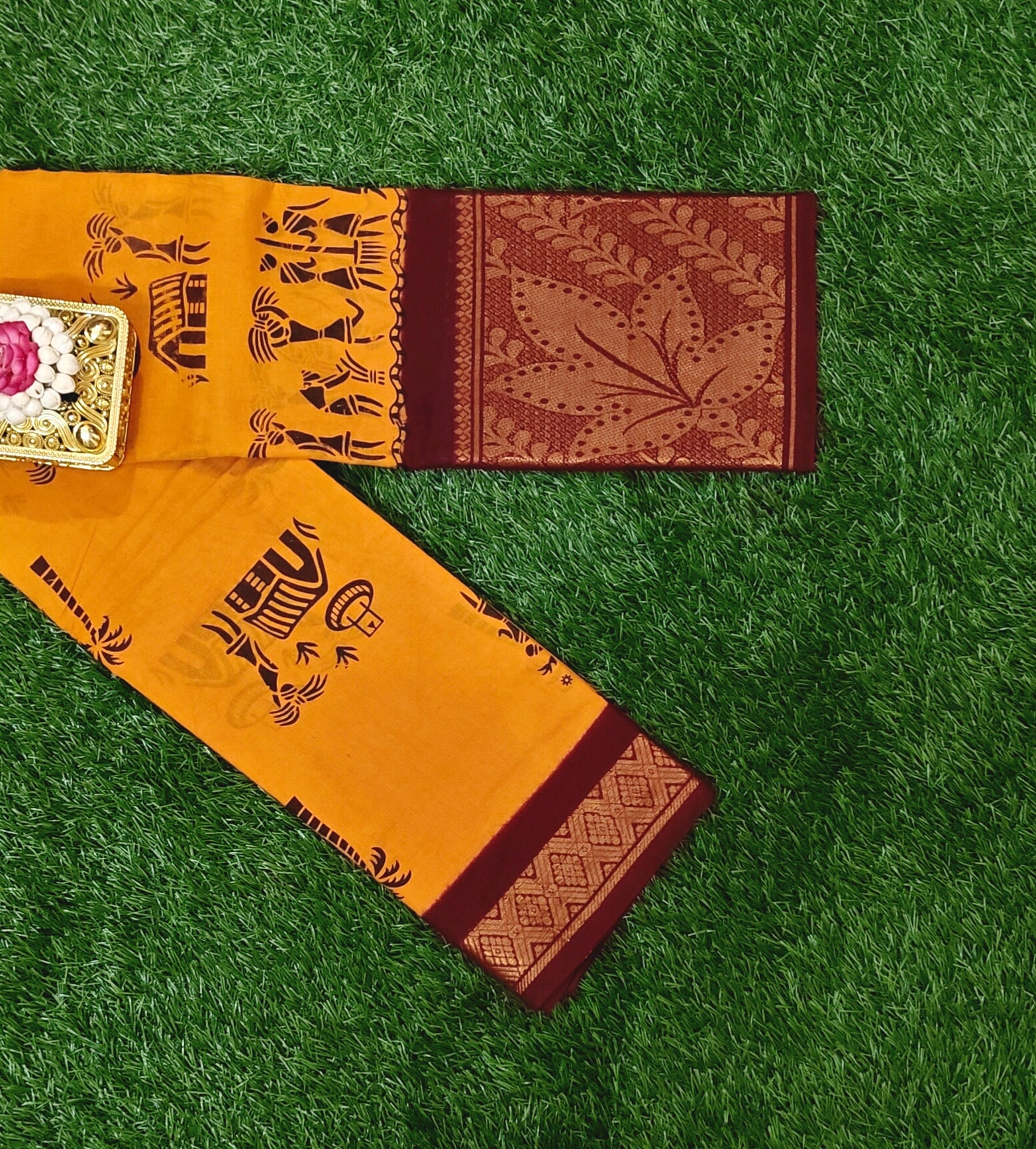 Mustard Yellow Printed Cotton Saree with Traditional Maroon Border