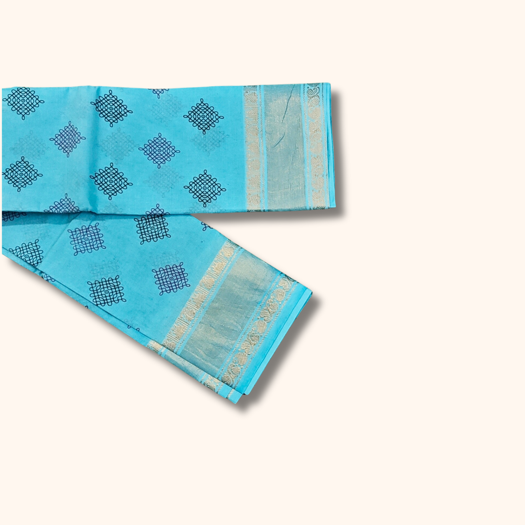 Sky Blue Sungudi Cotton Saree with Kolam Print & Gold Zari Border