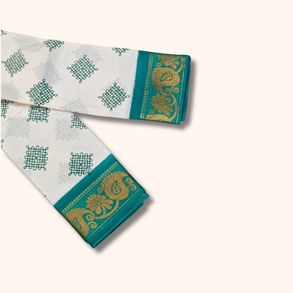 White Cotton Saree with Teal Peacock Zari Border