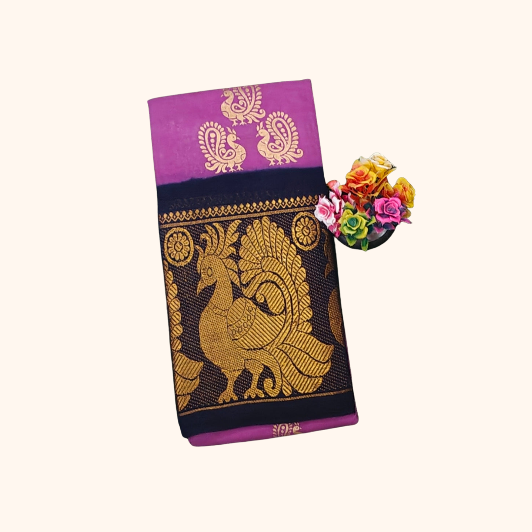 Authentic Magenta Cotton Saree with Rich Peacock Woven Border