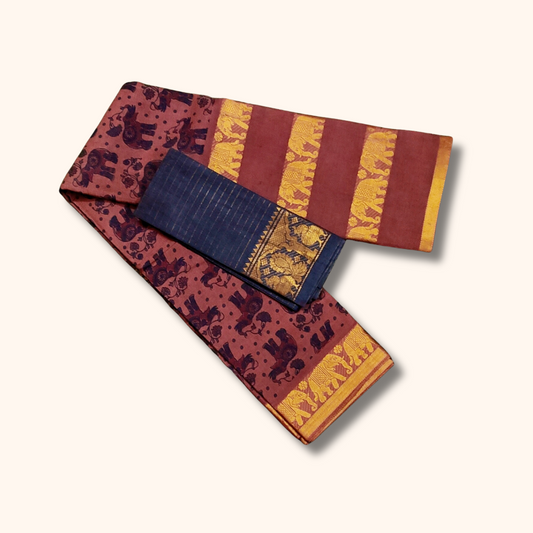 Maroon Printed Sungudi Cotton Saree with Gold Zari Elephant Border 120s Count
