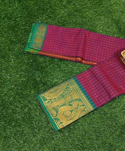 Rose Pink Chettinad Cotton Saree with Gold Zari Checks