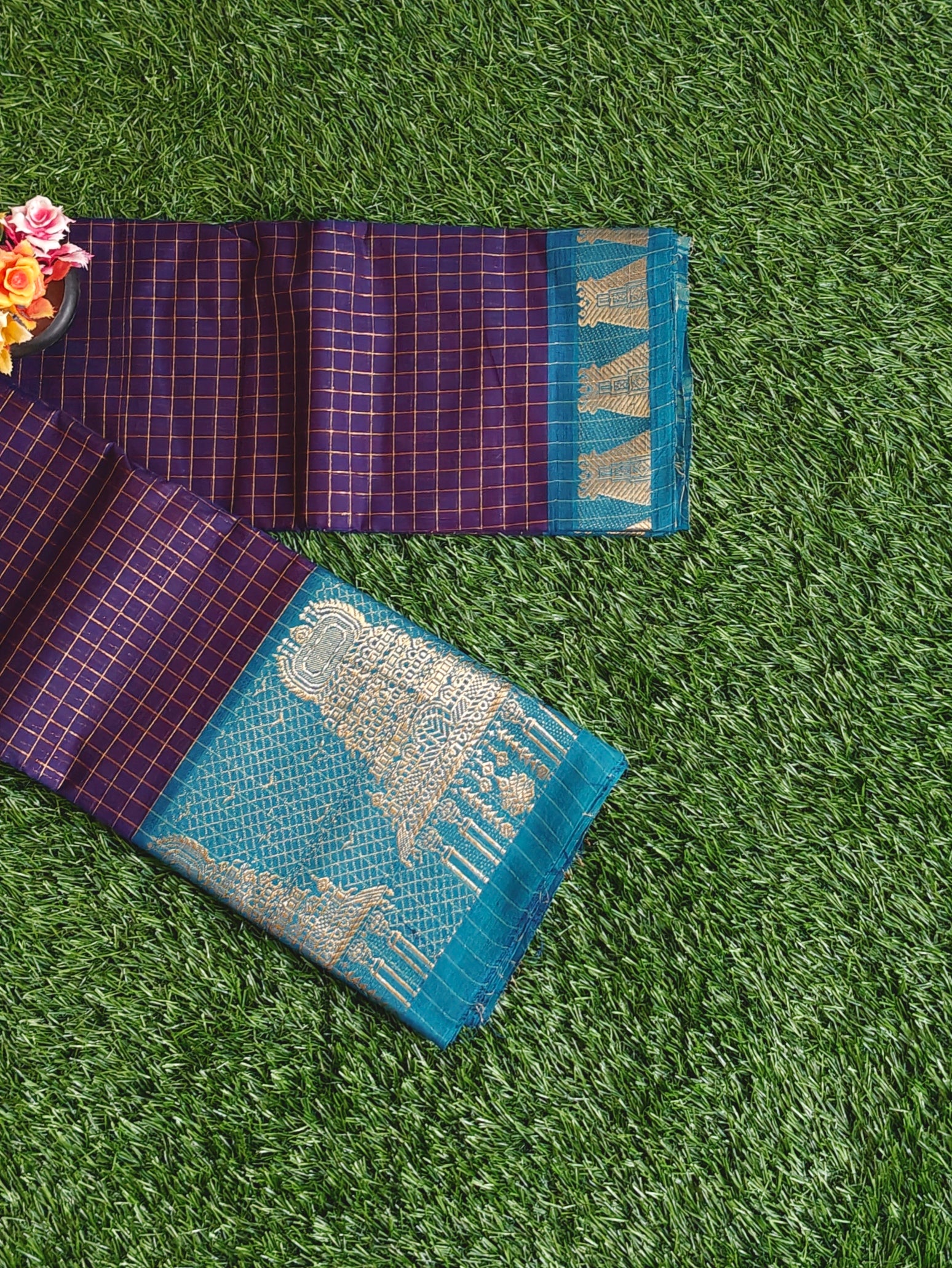 Chettinad Cotton Saree with Meenakshi Gopuram Border – Purple Checks with Teal Blue Border