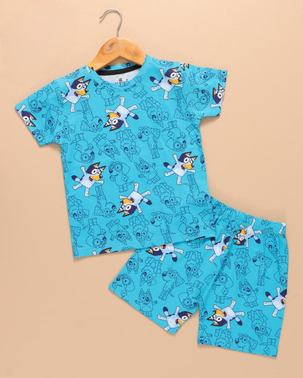 Kids Unisex Pure Cotton T-Shirt & Shorts Set – Cartoon Puppy Print (Sky Blue)