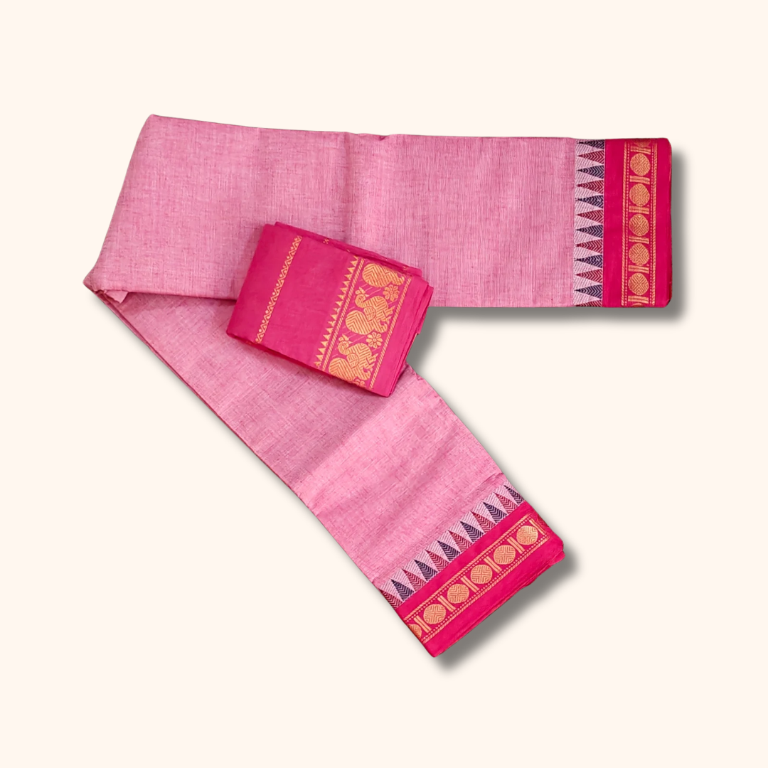 Light Pink Chettinad Cotton Saree with Contrast Pink Border