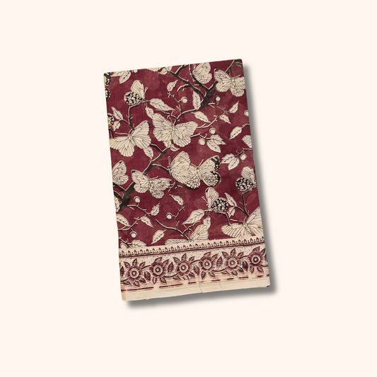 Maroon Kalamkari Cotton Saree with Butterfly & Floral Print