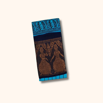 Turquoise Blue Sungudi Cotton Saree with Traditional Dancing Girl Border