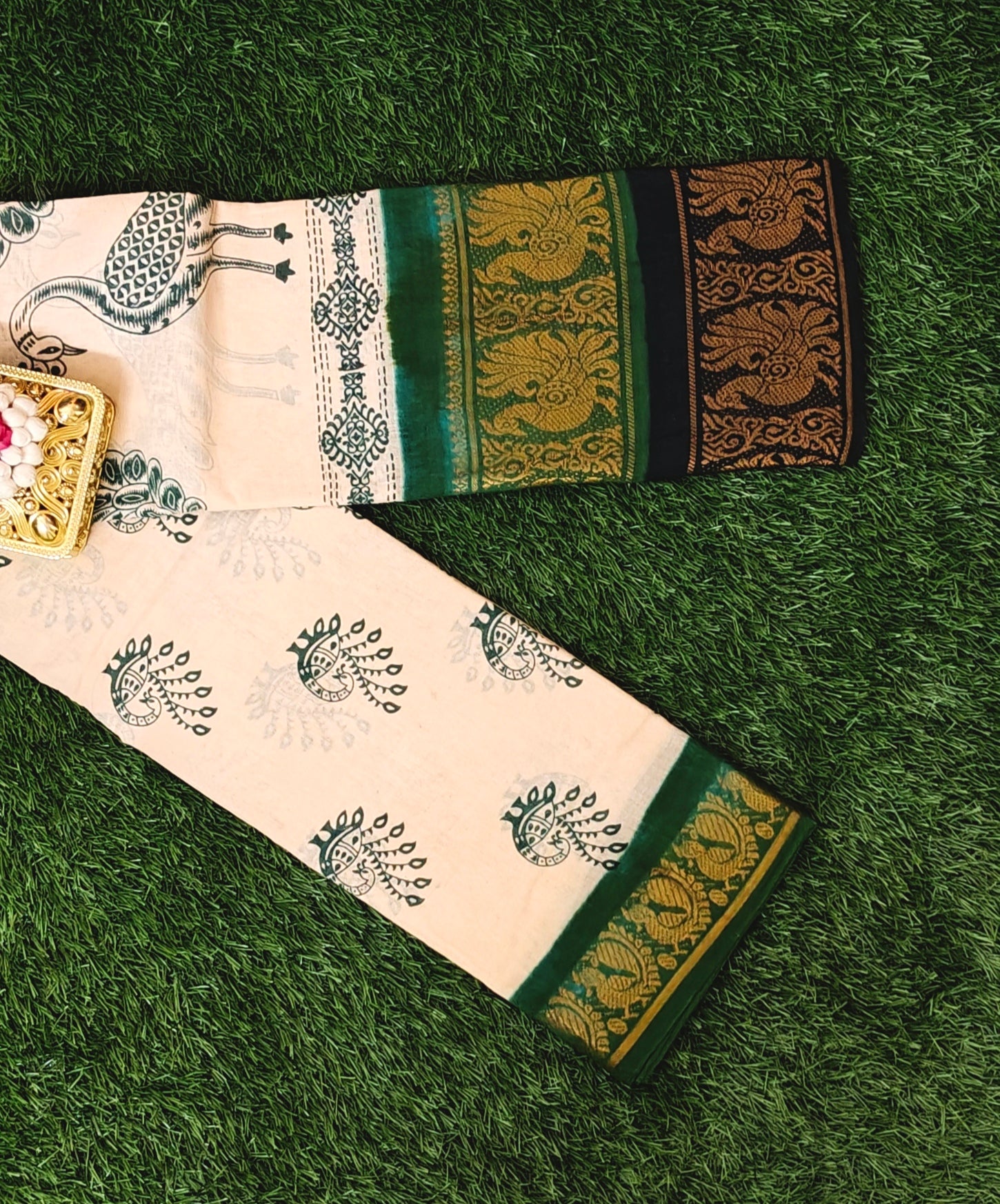 Beige Cotton Double Border Saree with Traditional Peacock Design