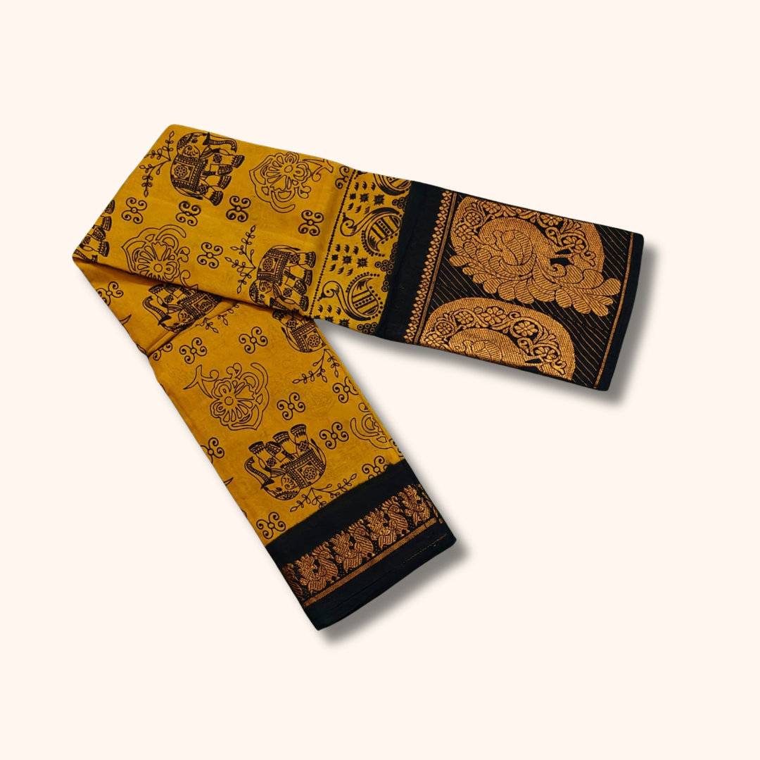 Mustard Yellow Pure Sungudi Cotton Saree with Black Traditional Printed Border – No Blouse