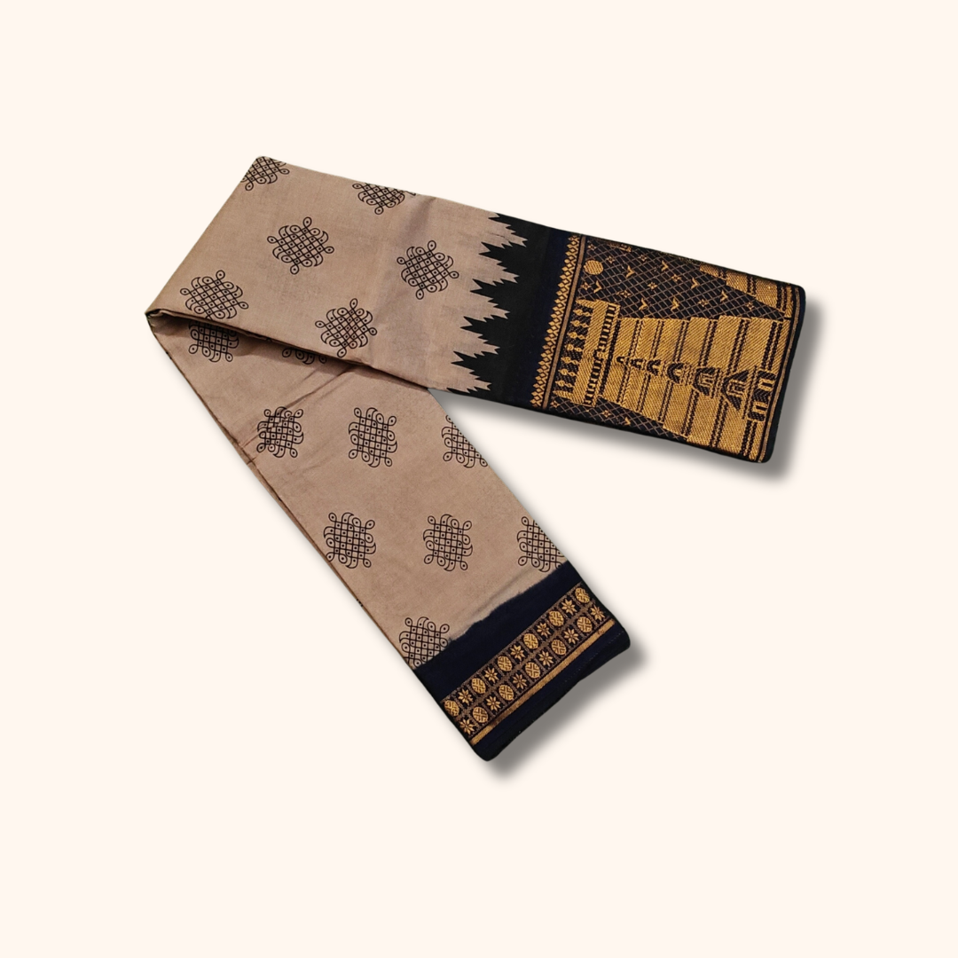 Grey Cotton Saree with Black Temple Border – Without Blouse