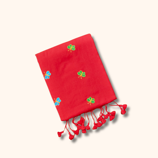 Mulmul Cotton Saree in Vibrant Red with Butterfly Motifs & Tassel Pallu