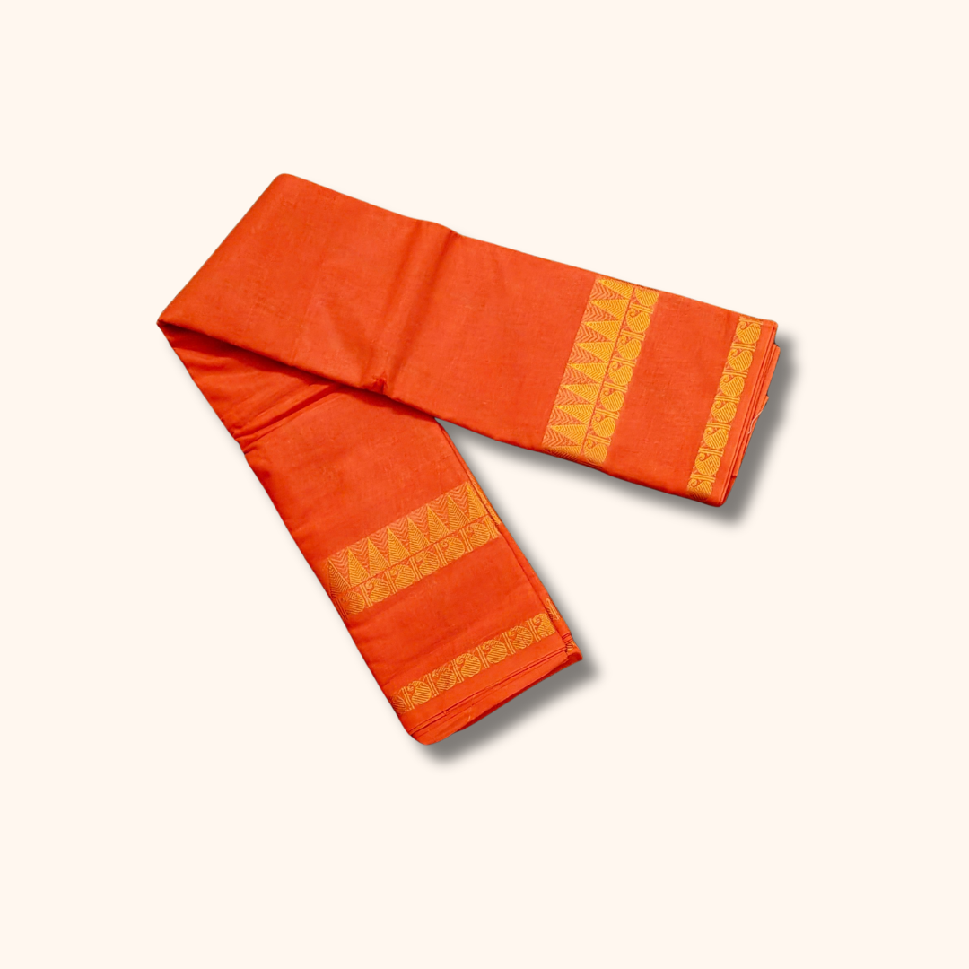 Orange Cotton Saree with Gold Zari Stripes & Traditional Border – Running Blouse Included