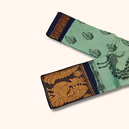 Sage Green Peacock Print Cotton Saree with Navy Blue Contrast Border