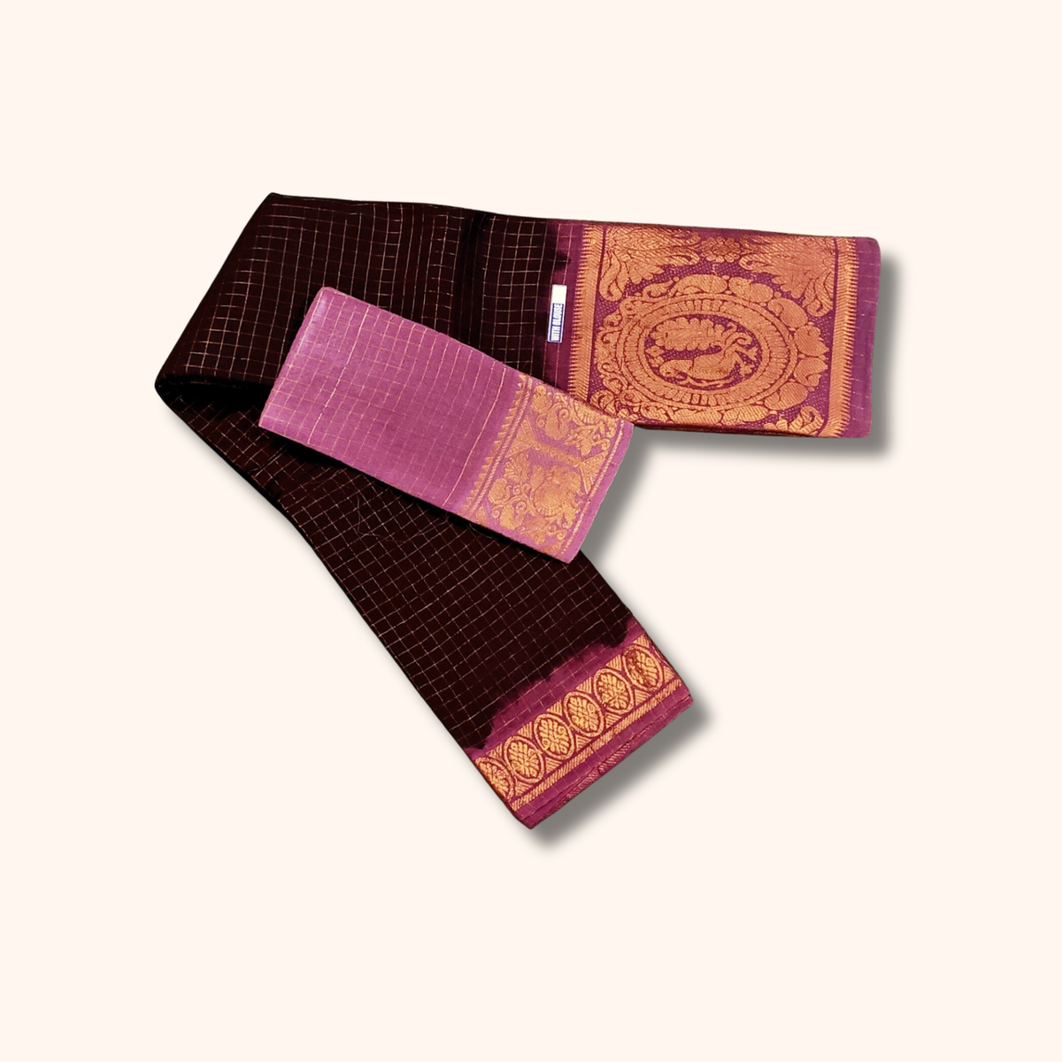 Chocolate Brown & Magenta Checked Cotton Saree with Rich Zari Border – Separate Blouse Piece
