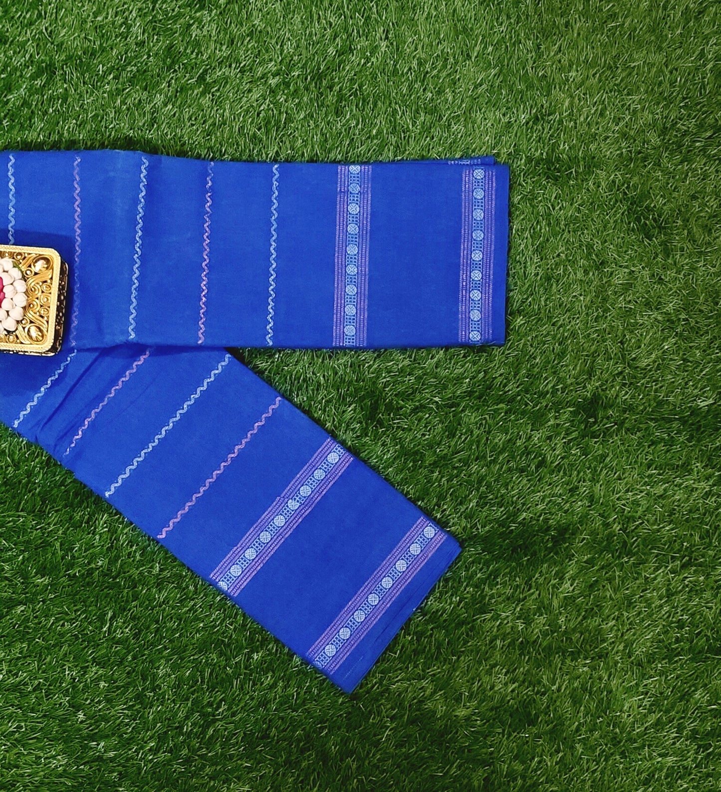 Royal Blue Sungudi Cotton Saree with Multi Stripe Design