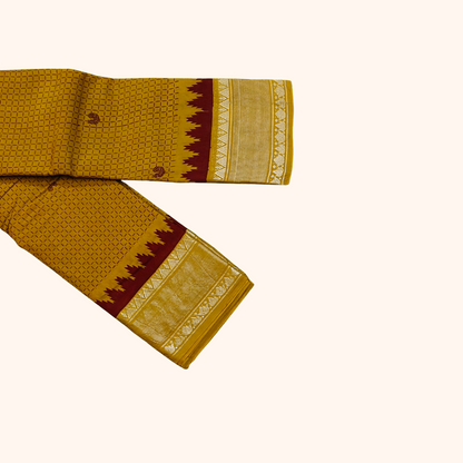 Mustard Yellow Sungudi Cotton Saree with Silver Zari Temple Border