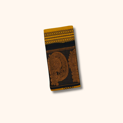 Mustard Kolam Print Cotton Saree with Black Peacock Border