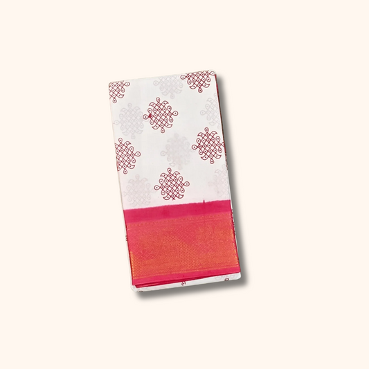 White Kolam Cotton Saree with Rani Pink Peacock Zari Border