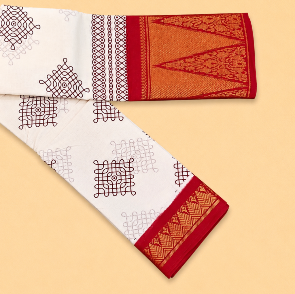 Kolam Printed White Sungudi Cotton Saree with Red Temple Border