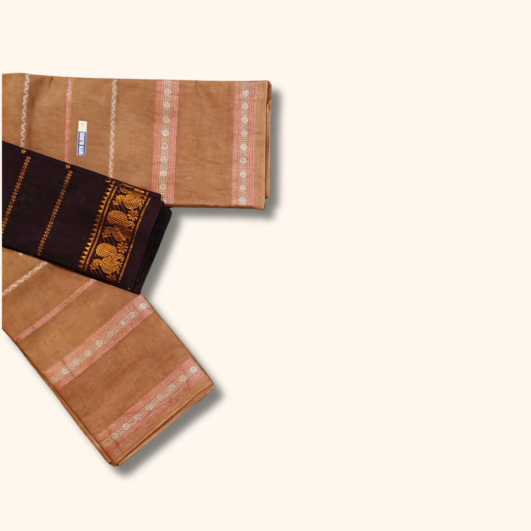 Peach Cotton Sungudi Saree with Contrast Maroon Blouse – Traditional Cotton Saree