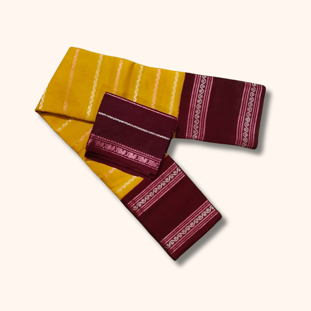 Mustard Yellow Cotton Saree with Maroon Contrast Blouse