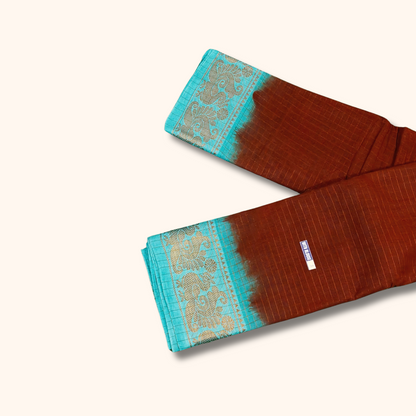 Rust Brown Sungudi Cotton Saree with Turquoise Zari Border