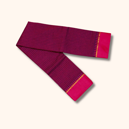 Deep Maroon Checked Pure Cotton Saree with Pink Border