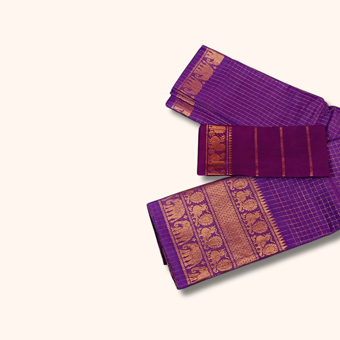 Royal Purple Sungudi Cotton Saree with Rich Gold Elephant & Peacock Zari Border