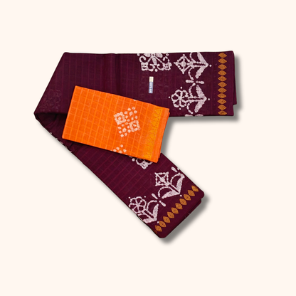 Maroon Floral Batik Print with Contrast Orange Blouse Piece Sungudi Cotton Saree