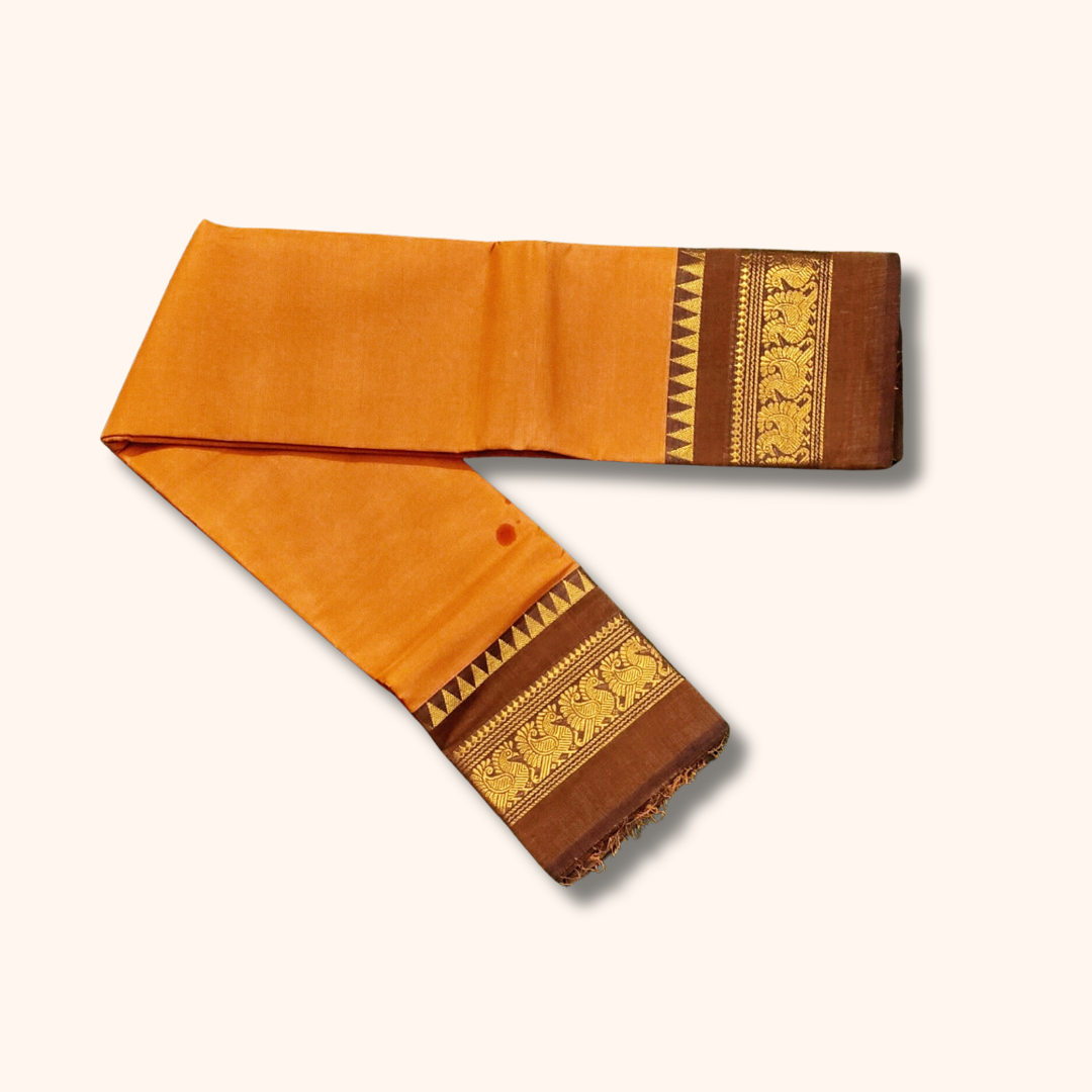 Mustard Orange Pure Chettinad Cotton Saree with Brown & Gold Peacock Border