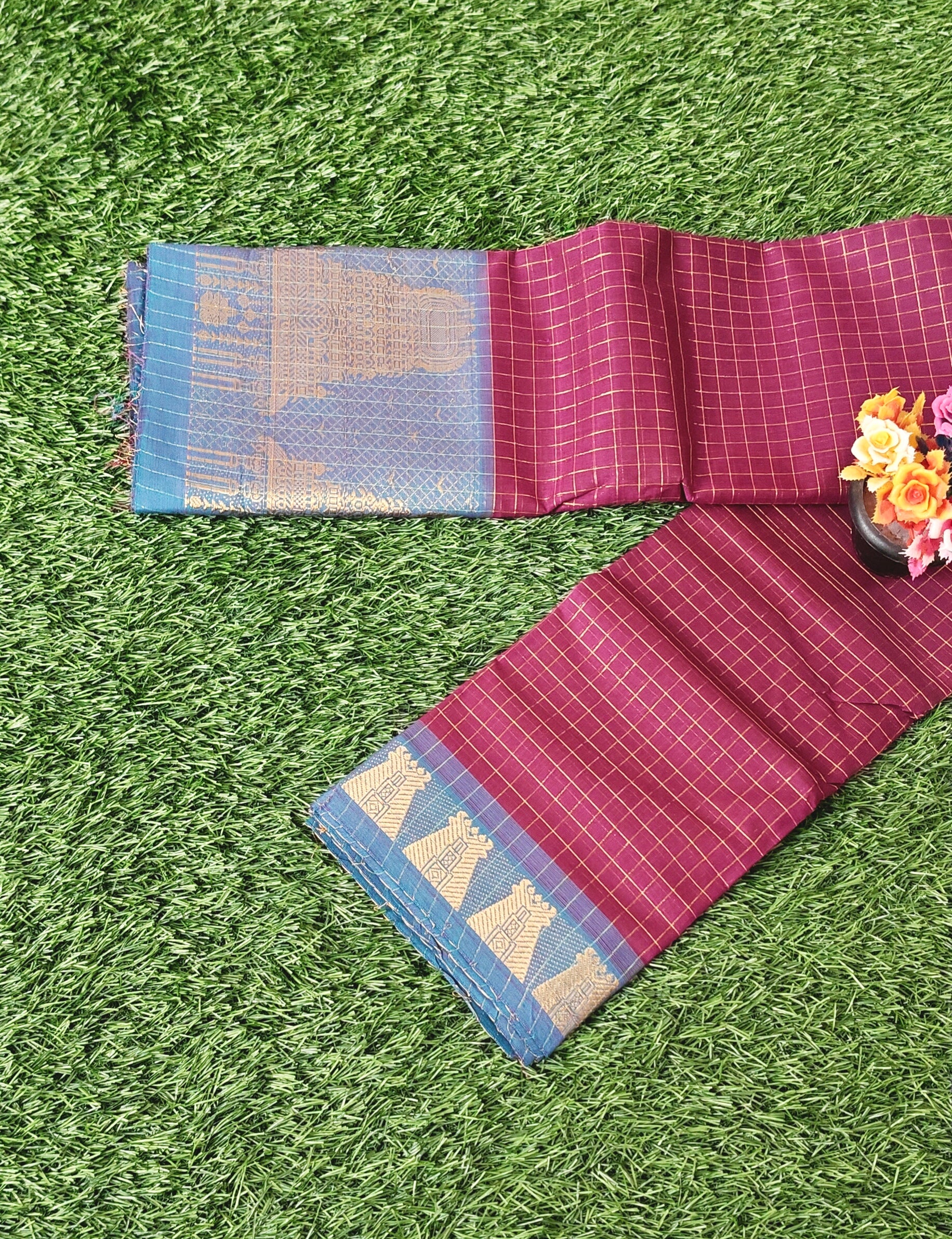Authentic Chettinad Cotton Saree with Meenakshi Gopuram Border – Maroon Checks with Blue Temple Border