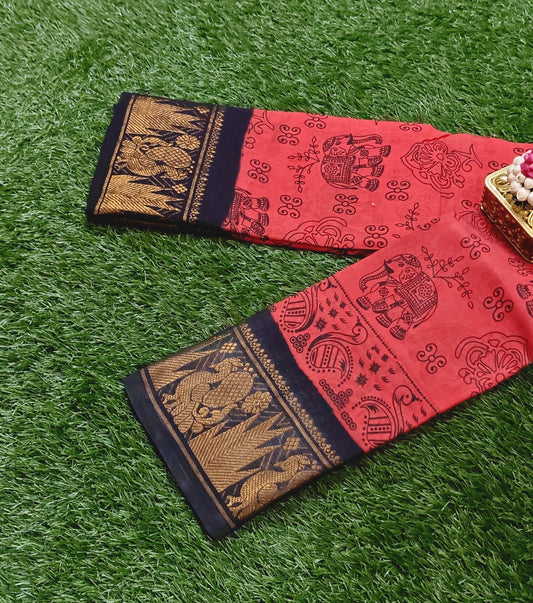 Brick Red Sungudi Cotton Saree with Elephant Motifs & Black Peacock Zari Border
