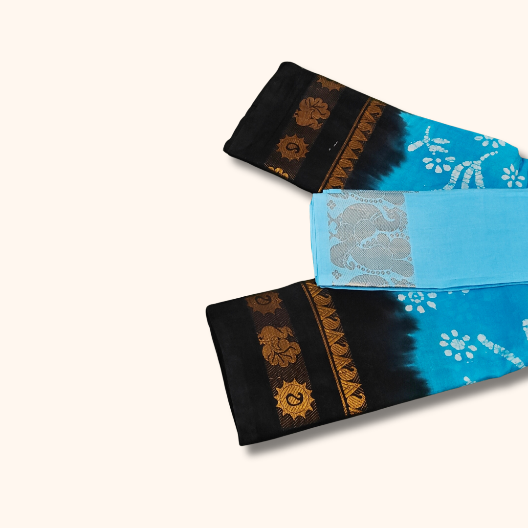 Sky Blue Batik Sungudi Cotton Saree with Black Contrast Border